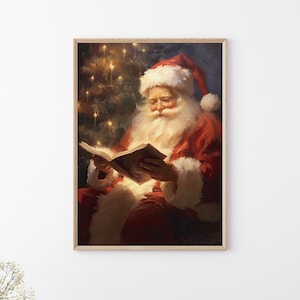 Vintage Painting of Santa Claus Reading a Book Under Christmas Tree, Cozy Christmas Printable Wall Art, Winter Holiday Print, Holiday Season
