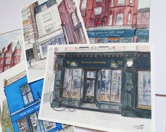 Custom shop illustration: personalised watercolour portraits of shops, store fronts, restaurants, pubs, businesses, and buildings