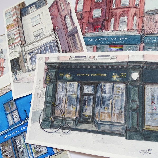 Custom shop illustration: personalised watercolour portraits of shops, store fronts, restaurants, pubs, businesses, and buildings