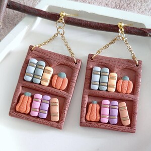 Autumn Bookshelf Earrings: 18K Gold Plated Huggie Studs & Chain, Polymer Clay, Nickel Free