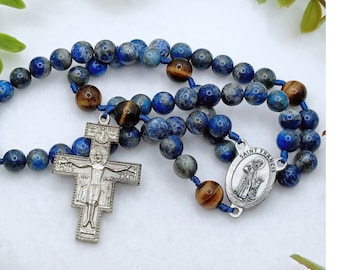 Saint Francis of Assisi Rosary with Blue Lapis Lazuli, Yellow Tiger Eye, San Damiano Crucifix, Catholic Rosary, Franciscan Rosary Gift, RCIA