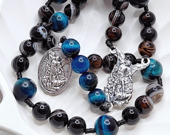 Michaelis Rosenkranz: Schwarzer Achat & Blaues Tigerauge, katholischer Heiliger Rosario