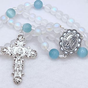 Our Lady Of Lourdes Rosary: Frosted Blue Moonstone Glass Beads, Blue Cat Eye, Silver Rose Crucifix, Pouch Included, Rosario, Religious Gift
