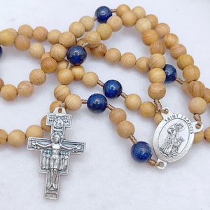 Franciscan Crown Rosary, Chaplet Rosary - Natural Wood, Lapis Lazuli, San Damiano Crucifix, Franciscan Rosary, Wooden Rosary, Catholic Saint