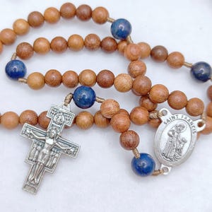 Saint Francis of Assisi Rosary - Natural Wood, Lapis Lazuli, San Damiano Crucifix, Franciscan Rosary, Wooden Rosary, Catholic Saint, Xmas