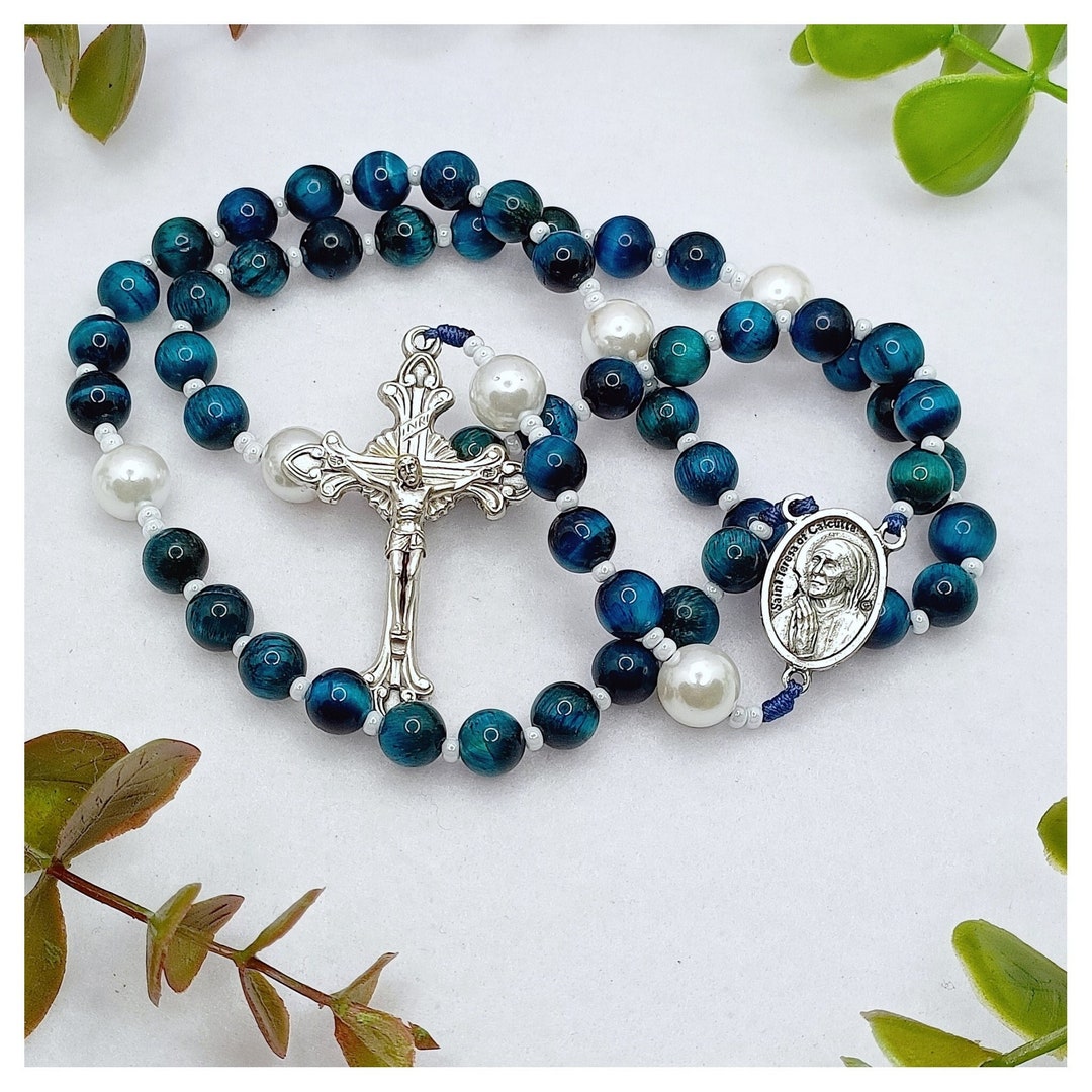 Saint Teresa of Calcutta Rosary Blue Tiger Eye & Pearl Rosary, Catholic ...