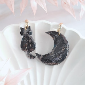 Mismatched Earrings: Black Cat Crescent Moon Black Gold Marble Effects, 18K Gold Plated Studs, Polymer Clay Lightweight Nickel Free