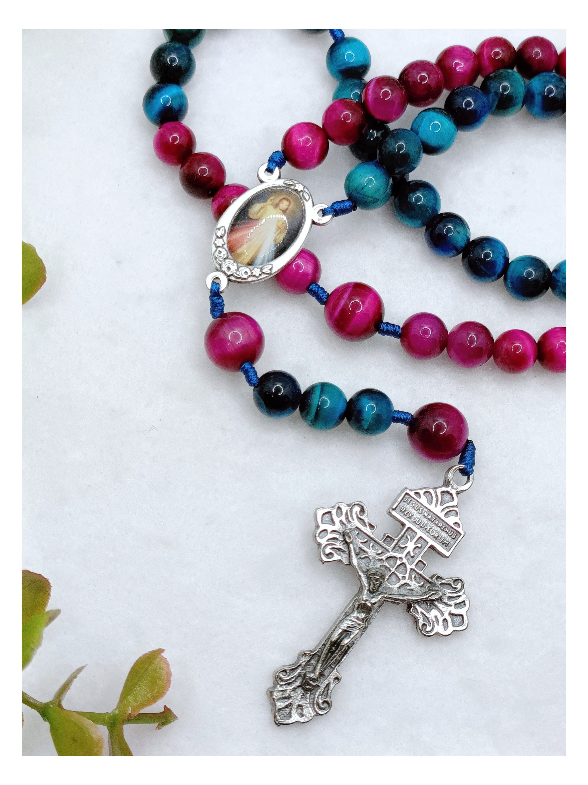 Chaplet of Divine Mercy Rosary With Rose Red Tiger Eye Blue - Etsy