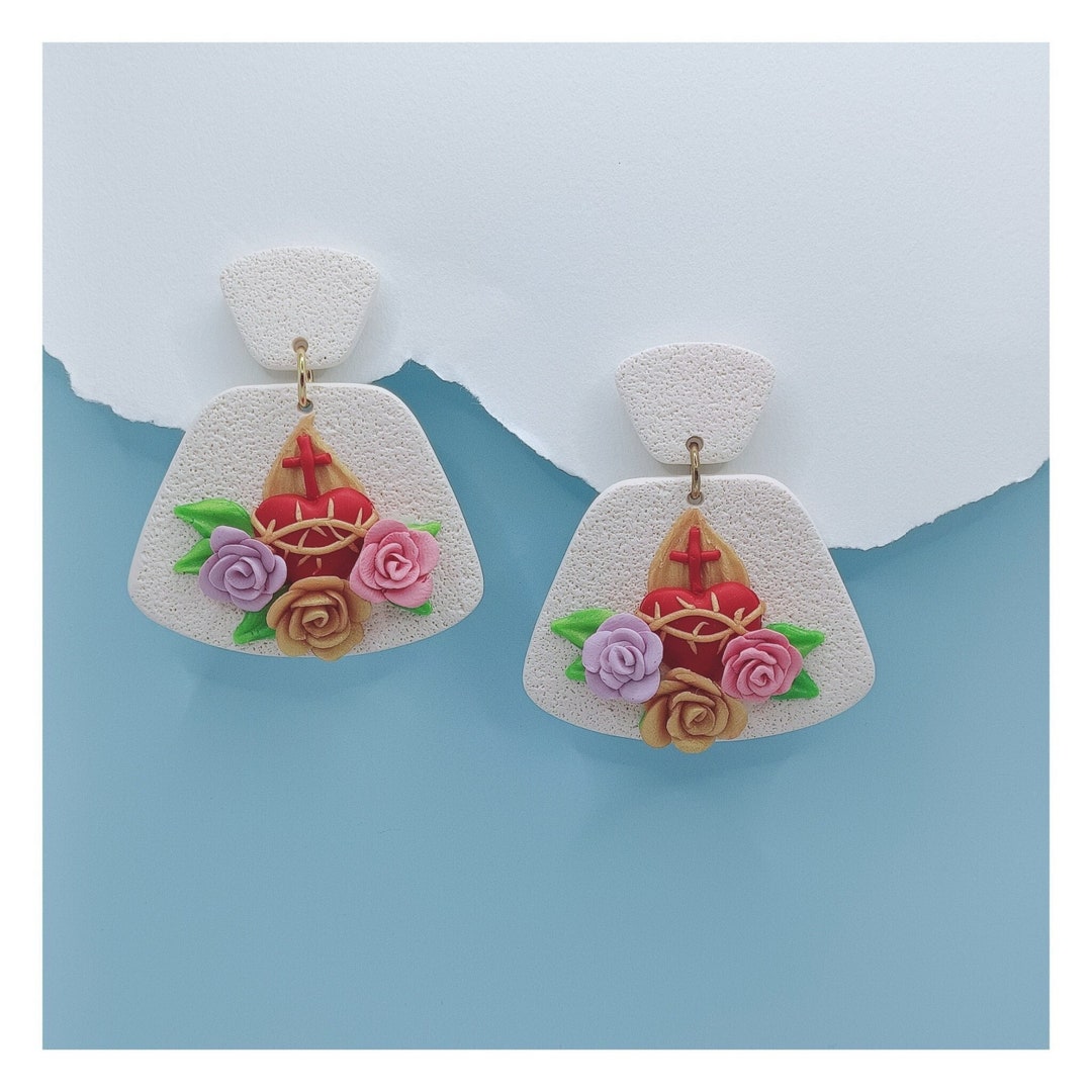 Handmade Clay Sacred Heart of Jesus Earrings, Flower Clay Earrings