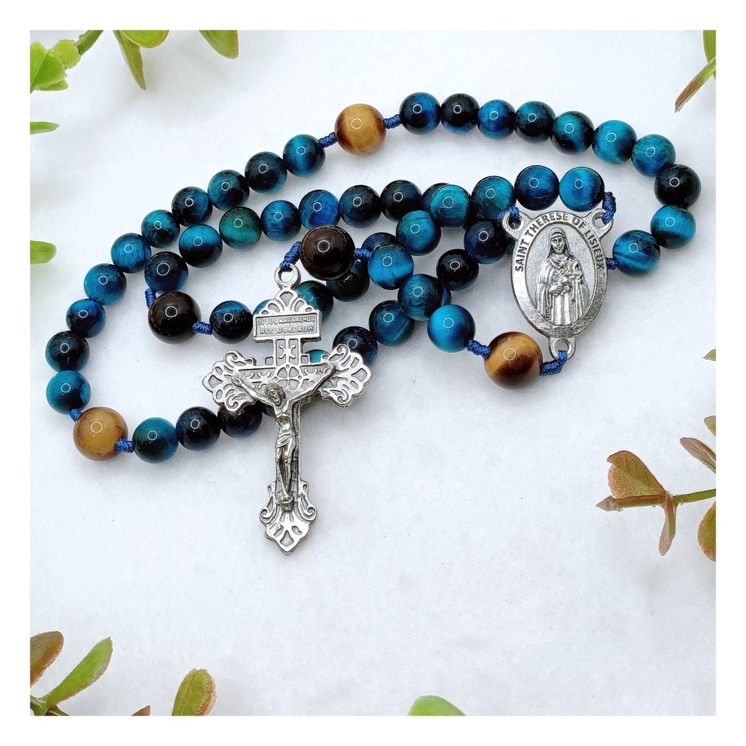 Saint Therese of Lisieux Rosary With Blue Tiger Eye, Yellow Tiger Eye ...