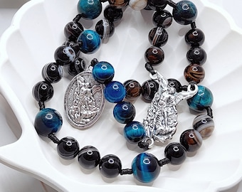 Chapelet de saint Michel, chapelet en agate noire, chapelet oeil de tigre bleu, chapelet catholique, chapelet noir, cadeaux de chapelet