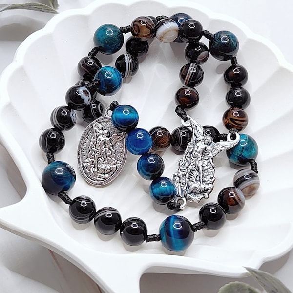 Chaplet of Saint Michael Rosary, Black Banded Agate Rosary, Blue Tiger Eye Rosary, Catholic Rosary, Black Rosary, Rosary Gifts