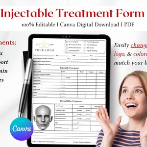 Botox and Dermal Filler Treatment Record Form, Nurse Injector Template, Canva Editable Esthetician Neurotoxin Form