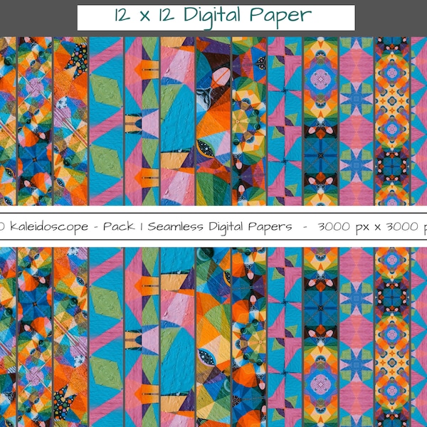 Kaleidoscope Digital Pack, Abstract Print Digital Papers, Saturated Color Digital Papers, Scrapbook, Backgrounds, Bonus Solid Color Papers