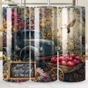 Landmädchen im Herzen 20 Unzen Tumbler Sublimationsdesign Wrap, Blumen-Truck, rustikales Bauernhaus Tumbler Design, Apfelwagen PNG, Instant Download
