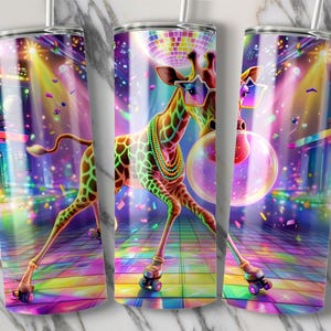 May include: Three stainless steel tumblers with a vibrant disco theme. Each tumbler features a giraffe wearing sunglasses and roller skates, set against a colorful dance floor backdrop with a disco ball and confetti. The design is bright and eye-catching.