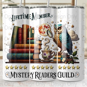 Mystery Reader Member 20 oz Skinny Tumbler Sublimation Design, Instant Digital Download PNG, Digital File Only, Owl Reading Design