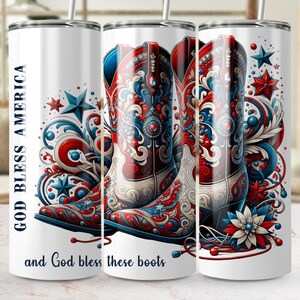 God Bless America Cowboy Boots Tumbler Wrap PNG, Patriotic 4th of July Tumbler Design, Sublimation Design, 20oz Skinny Tumbler, USA Western