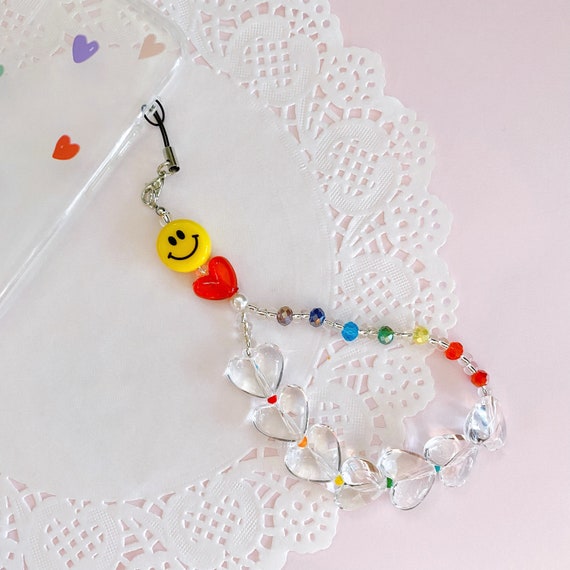 Cute Beaded Phone Strap Holder, Heart Phone Lanyard With Smiley