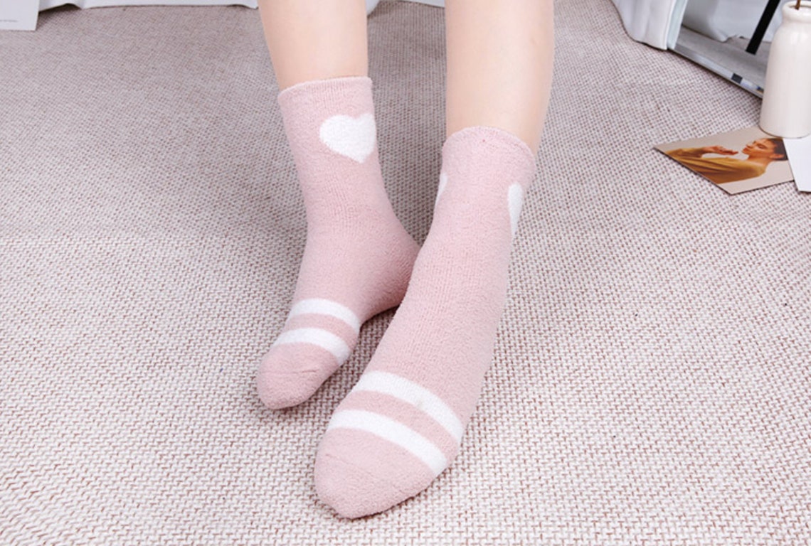 Pink Fuzzy Socks with Cute Heart Warm and Soft Fluffy Socks Etsy
