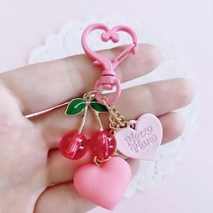 Pink Cherry Keyring with Heart Clasp, Cute Heart Keychain, Keychain Accessories for Women and Girls