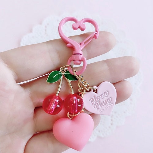 Pink Cherry Keyring With Heart Clasp Cute Heart Keychain Etsy