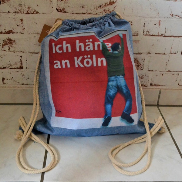 Tasche Turnbeutel Rucksack Sportbeutel aus recycelter Baumwolle mit weisser Kordel, Druck "Ich häng an Köln"