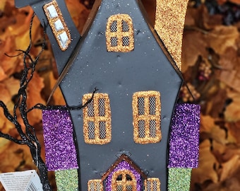 Halloween Ashville Glittered Haunted House with Tea Candle Holder in the Back