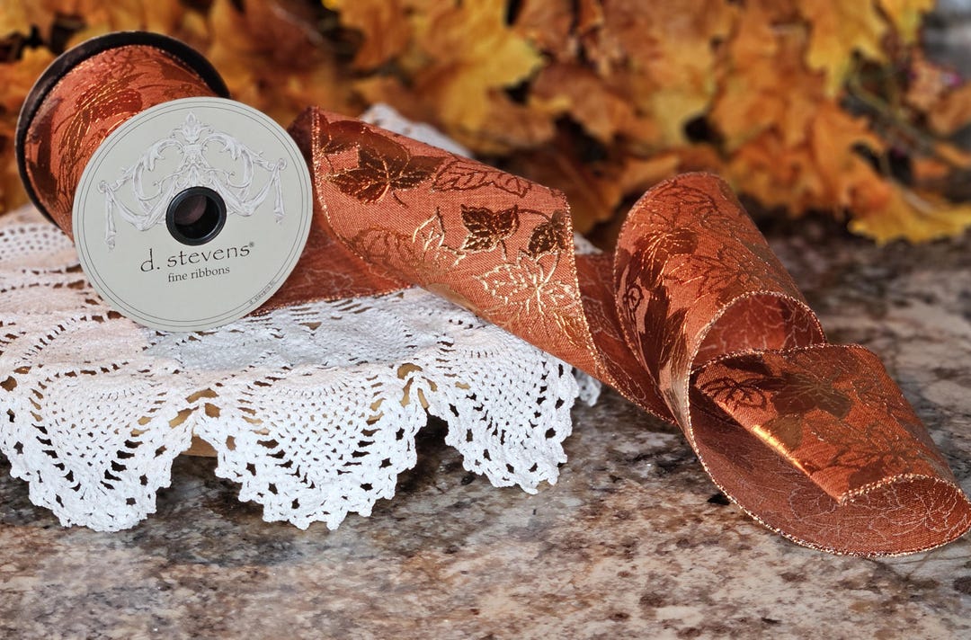 Fall D Stevens 4x10 Linen Copper Embossed Autumn Leaves Ribbon, Orange ...