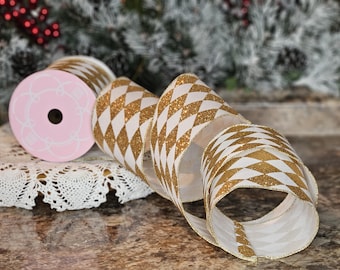 Christmas Harlequin Glittered Gold Ribbon