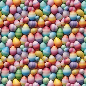 May include: A colourful pattern of Easter eggs in various sizes and shapes. The eggs are painted in a rainbow of colours, including blue, green, yellow, orange, pink, and purple. Some eggs have stripes, while others are solid colours. A festive and cheerful design.