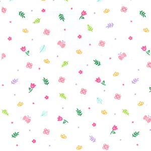 May include: A white background with a repeating pattern of pink flowers, green leaves, yellow stars, and purple butterflies.