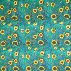 May include: A repeating pattern of sunflowers in a painterly style. The sunflowers have yellow petals and dark brown centres, set against a background of teal and green brushstrokes, creating a vibrant floral design.