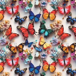 May include: A repeating pattern of vibrant butterflies and flowers against a white backdrop. The butterflies display a range of colours, including red, orange, yellow, blue, and green. The flowers are in shades of pink, purple, and white.