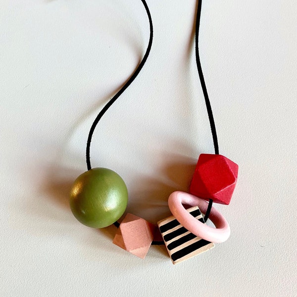 Simply Balance / Hand-painted Wooden Beaded Necklace / Red / Green / Designer Necklace