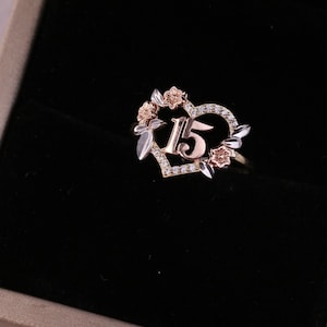 14k Yellow Gold Cubic Zirconia Brithday Ring / 15 Anos Quinceanera Heart Ring / Color Stone Flower Quinceanera Ring