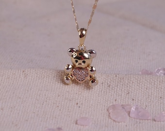 14k Real Gold Puffed Teddy Bear Pendant, 14k 3D Cubic Zirconia Teddy Bear, Dainty Women Necklace