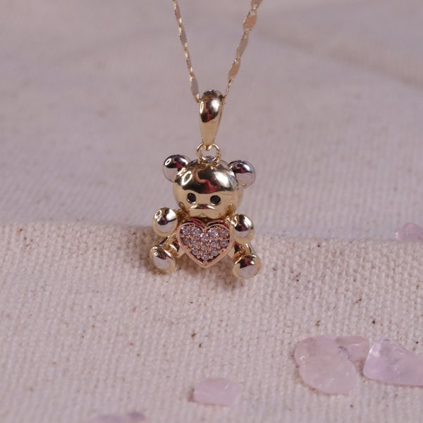 14k Real Gold Puffed Teddy Bear Pendant, 14k 3D Cubic Zirconia Teddy Bear, Dainty Women Necklace