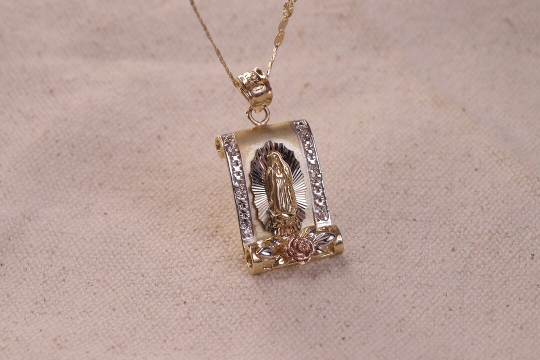 14k Two Tone Gold Our Lady Of Guadalupe Sweet 15 Pendant - 10 X 23mm Oval, No Chain Included - View #7
