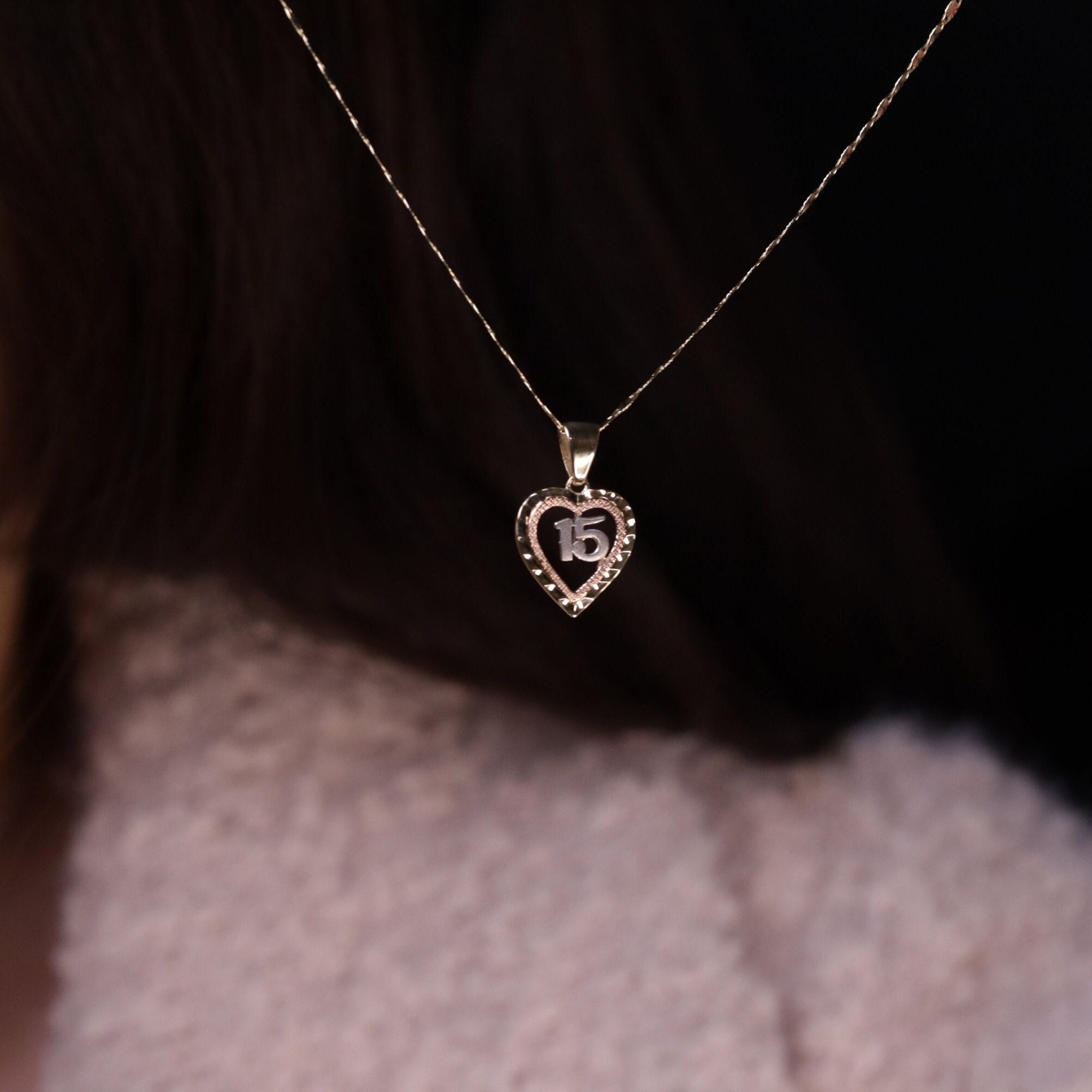 14k Tiny Heart 15 Birthday Pendant / Quinceanera Necklace / Gift for Her