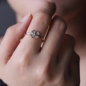 14k Gold CZ Four Leaf Ring / Good Luck Rings / Thin Band / Women Rings / Dainty Rings / Free Shipping In USA