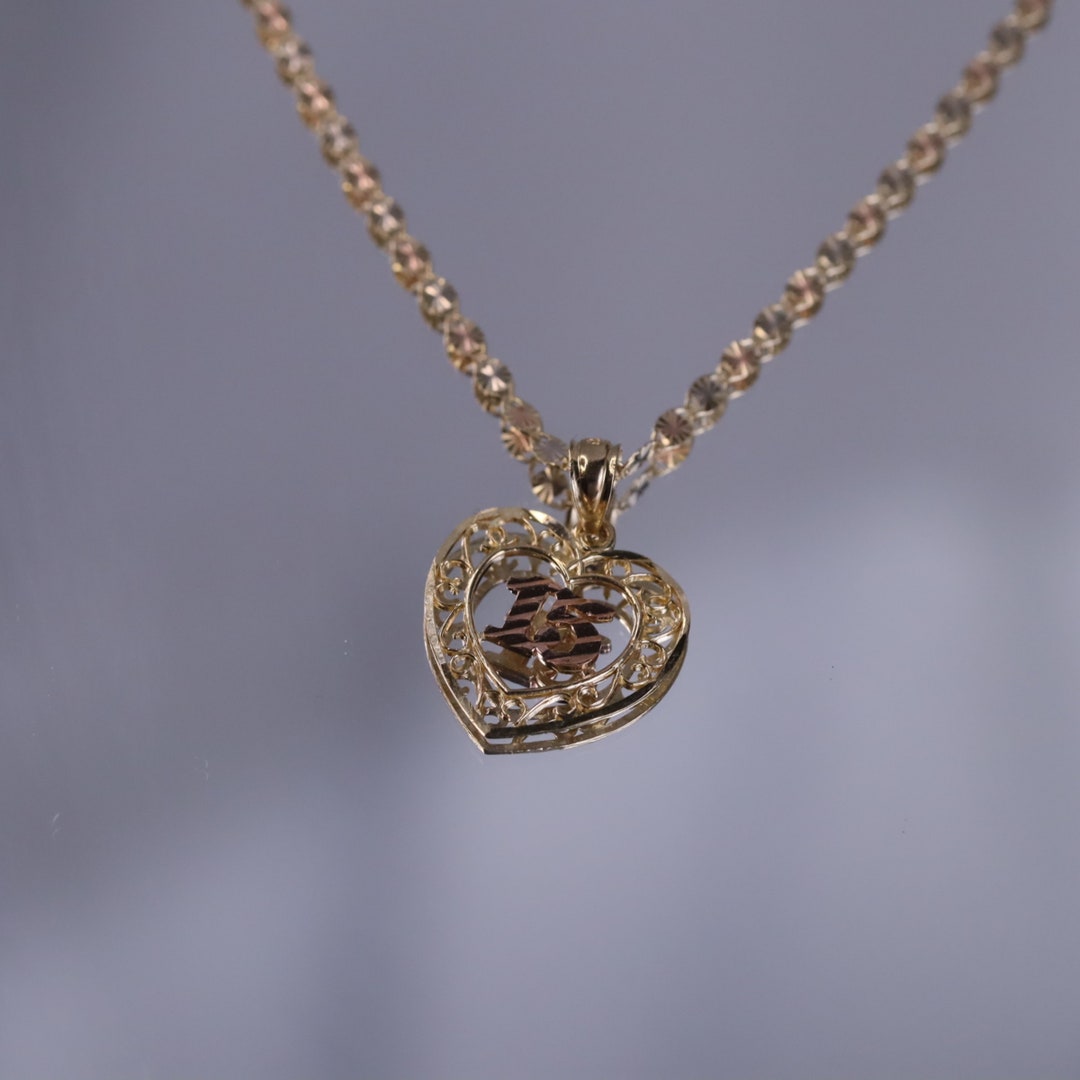 14k Quinceanera Heart Pendant With 2.0mm Valentino Chain, 15 Years Old