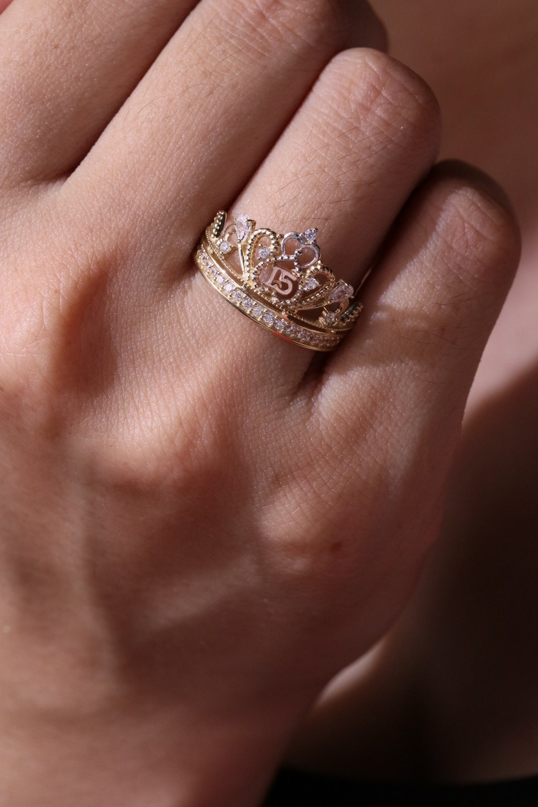 14k 15 Anos Quinceanera Ring / Yellow Gold Cubic Zirconia Brithday Ring