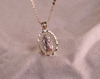 14k Solid Gold Oval Shaped Lady Guadalupe Pendant
