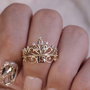 14k 15 Anos Quinceanera Ring / Yellow Gold Cubic Zirconia Crown 15 Ring / Thin Band / Birthday Ring
