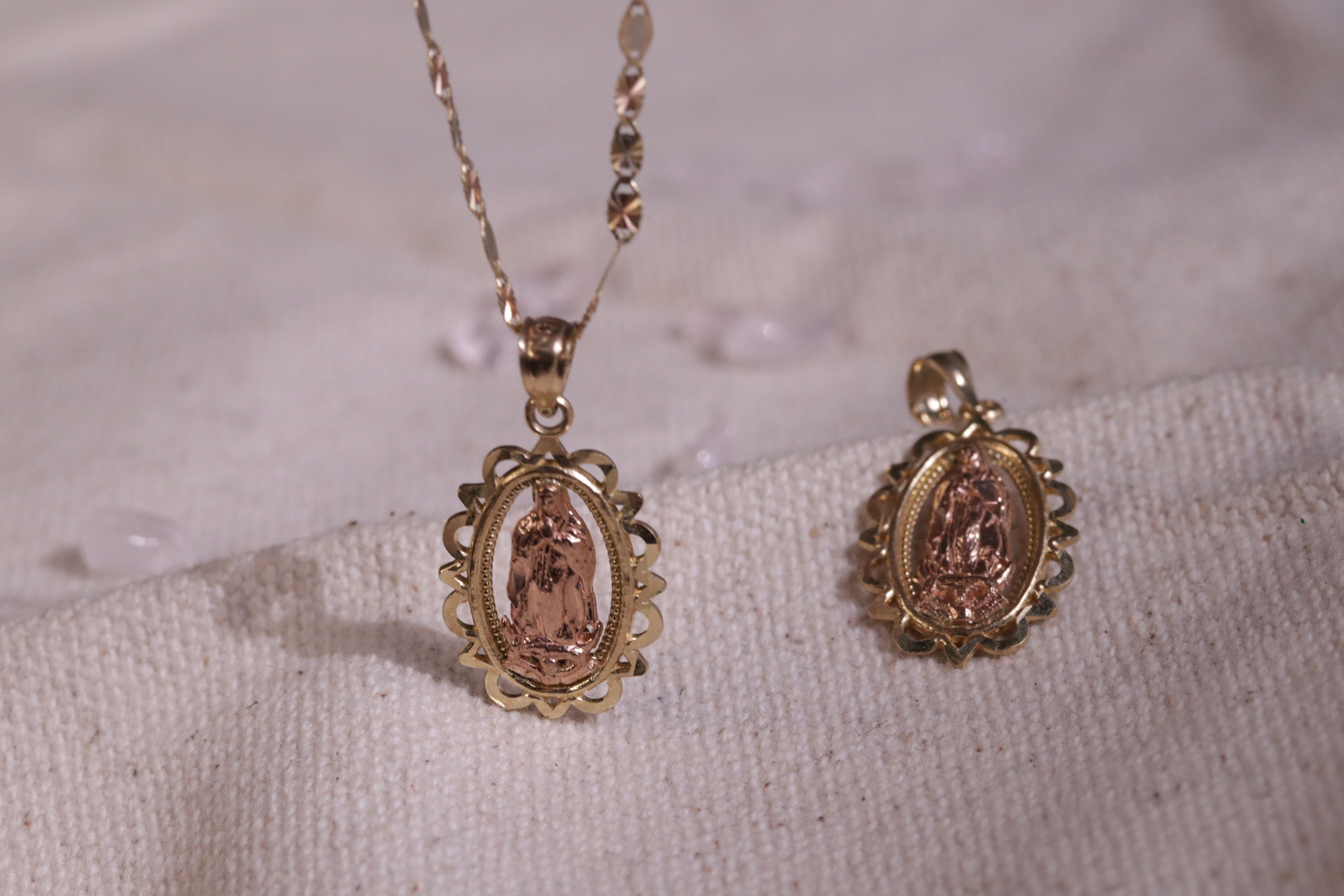 14k Gold Rose Gold Virgin Mary Pendant / Oval Shaped Guadalupe Necklace ...