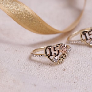 14k Gold Dainty Heart Rose Quince Ring / Best Gift For 15 Anos Quinceanera Ring / Perfect Gift For 15 Years