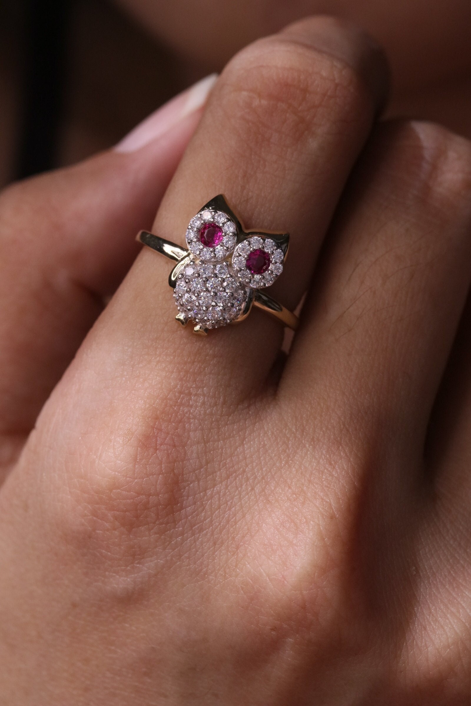 14k Real Gold Cubic Owl Ring / 14k Color Cubic Owl Ring / Statement Ring / Minimalist Ring / Daily R