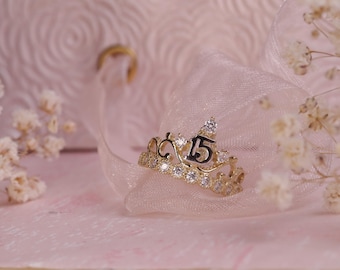 10k 15 Anos Quinceanera Ring / Yellow Gold Cubic Zirconia Crown 15 Ring / Birthday Ring