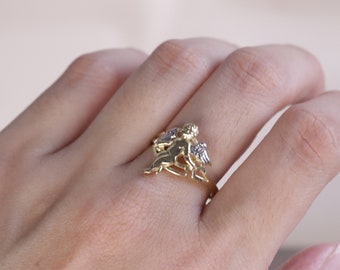 10k Gold Angel Ring / Two Tone Gold Ring / Religious Ring / Thin Band / Gift For Her / Valentines Day Gift